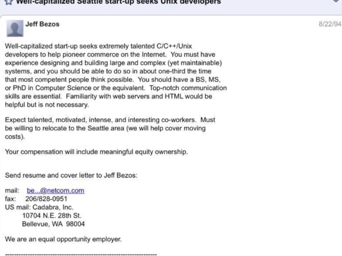 Así era el anuncio con el que Jeff Bezos abría vacantes laborales para Amazon en 1994 Así era el anuncio con el que Jeff Bezos abría vacantes laborales para Amazon en 1994