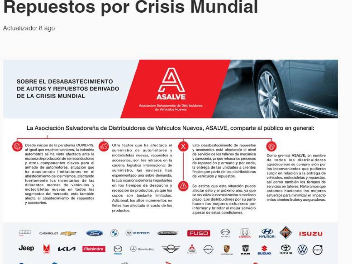 Industria automotriz salvadoreña resiente los impactos de la crisis global de suministros Industria automotriz salvadoreña resiente los impactos de la crisis global de suministros