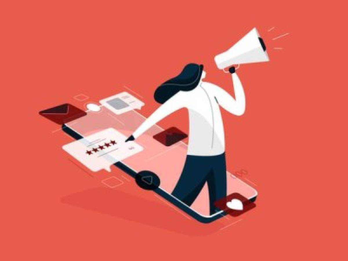 girl holding megaphone for Digital marketing, rating and feedback illustration, Digital business advertising strategies vector concept