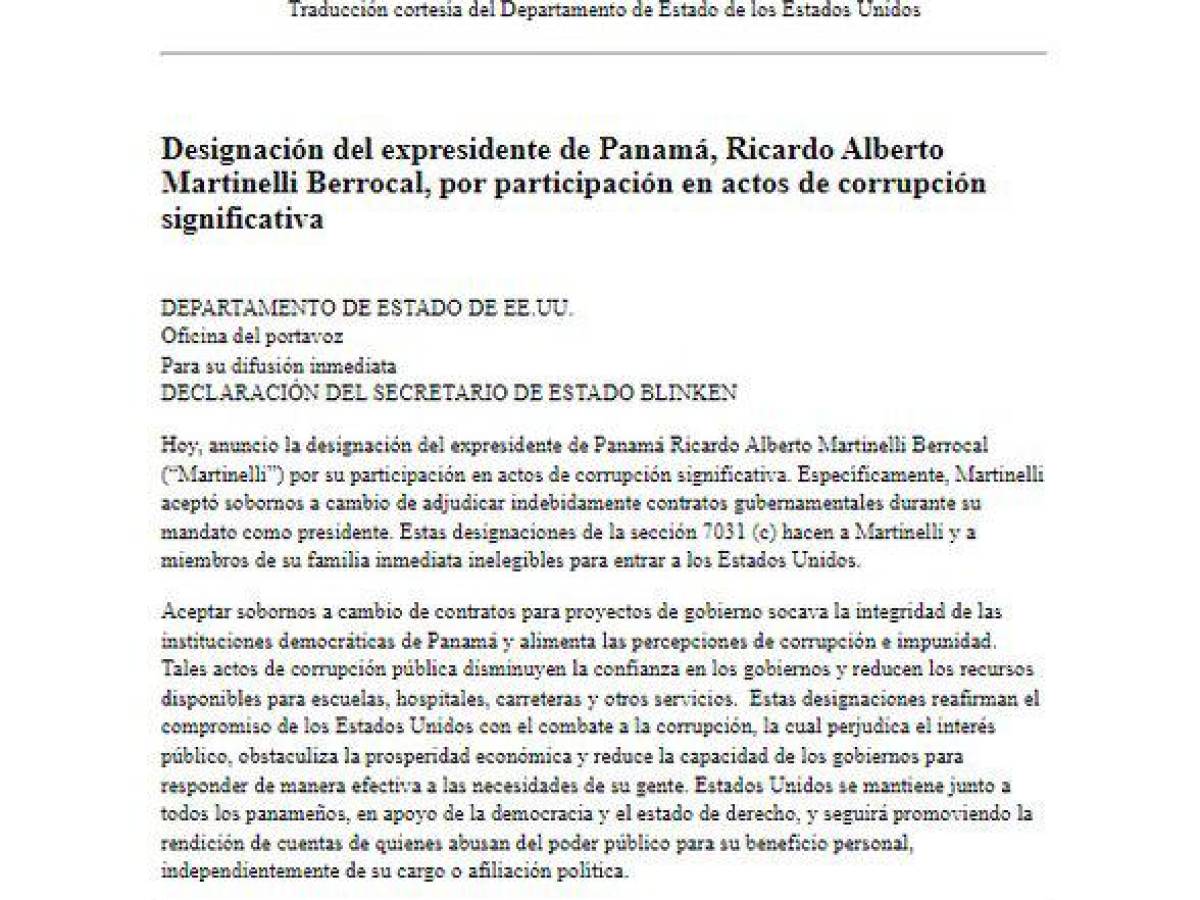 Expresidente de Panamá no podrá ingresar a EEUU por implicaciones en actos de corrupción