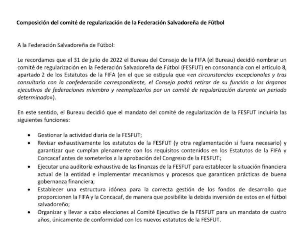 FIFA nombra comité de regularización de Federación salvadoreña FIFA nombra comité de regularización de Federación salvadoreña