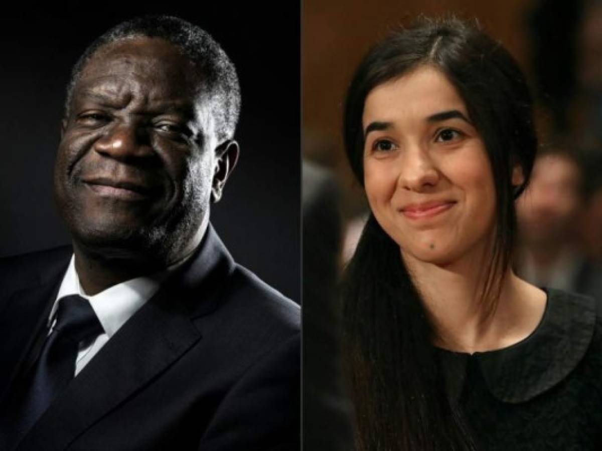 (COMBO) This combination created on October 5, 2018 of file pictures shows Congolese gynecologist Denis Mukwege (October 24, 2016 in Paris) and Nadia Murad, public advocate for the Yazidi community in Iraq and survivor of sexual enslavement by the Islamic State jihadists (June 21, 2016 in Washington, DC).Congolese doctor Denis Mukwege and Yazidi rape victim Nadia Murad won the 2018 Nobel Peace Prize on October 5, 2018 for their work in fighting sexual violence in conflicts around the world. / AFP PHOTO / AFP PHOTO AND GETTY IMAGES NORTH AMERICA / JOEL SAGET AND MARK WILSON