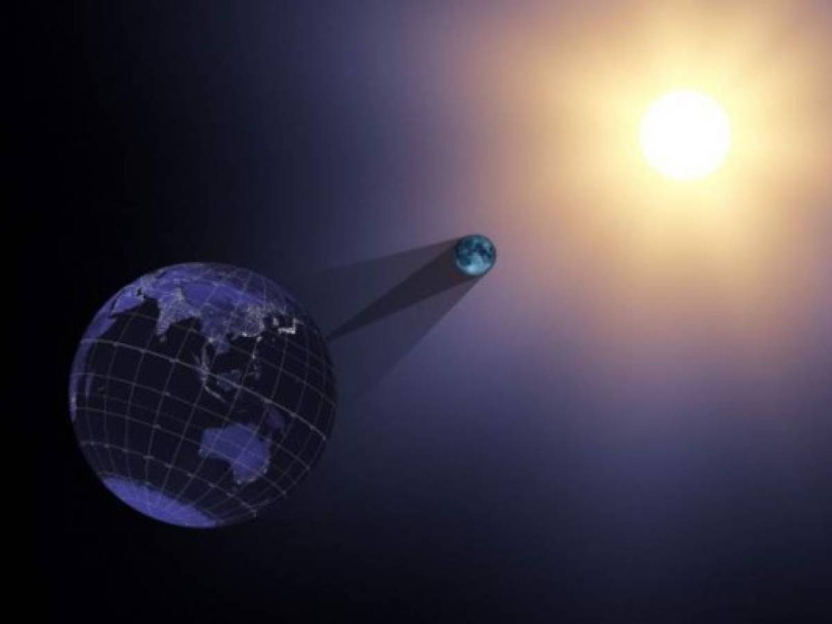 (FILES) This NASA file handout photo illustration from June 21, 2017 shows a visualization animation still image of the Earth, moon, and sun at 17:05:40 UTC during the eclipse. Millions of people, from students to rocket scientists, are poised to contribute to a massive scientific effort to study the total solar eclipse that will sweep across the United States August 21, 2017. The entire country will fall into shadow as the eclipse passes, though the darkest path, or 'totality,' will be contained in a 70-mile (113-kilometer) ribbon that moves from Oregon to South Carolina. / AFP PHOTO / NASA / Handout / RESTRICTED TO EDITORIAL USE - MANDATORY CREDIT 'AFP PHOTO / NASA/HANDOUT' - NO MARKETING NO ADVERTISING CAMPAIGNS - DISTRIBUTED AS A SERVICE TO CLIENTS