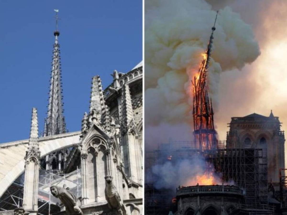 (FILES) This combination of file photographs shows the steeple Notre-Dame de Paris Cathedral - (L) taken on June 26, 2018 showing sculptures and the steeple and (R) the steeple of the landmark cathedral collapsing as the cathedral is engulfed in flames in central Paris on April 15, 2019. - A huge fire swept through the roof of the famed Notre-Dame Cathedral in central Paris on April 15, 2019, sending flames and huge clouds of grey smoke billowing into the sky. The flames and smoke plumed from the spire and roof of the gothic cathedral, visited by millions of people a year. A spokesman for the cathedral told AFP that the wooden structure supporting the roof was being gutted by the blaze. (Photo by Ludovic MARIN and Geoffroy VAN DER HASSELT / AFP) (FILES) This combination of file photographs shows the steeple Notre-Dame de Paris Cathedral - (L) taken on June 26, 2018 showing sculptures and the steeple and (R) the steeple of the landmark cathedral collapsing as the cathedral is engulfed in flames in central Paris on April 15, 2019. - A huge fire swept through the roof of the famed Notre-Dame Cathedral in central Paris on April 15, 2019, sending flames and huge clouds of grey smoke billowing into the sky. The flames and smoke plumed from the spire and roof of the gothic cathedral, visited by millions of people a year. A spokesman for the cathedral told AFP that the wooden structure supporting the roof was being gutted by the blaze. (Photo by Ludovic MARIN and Geoffroy VAN DER HASSELT / AFP)