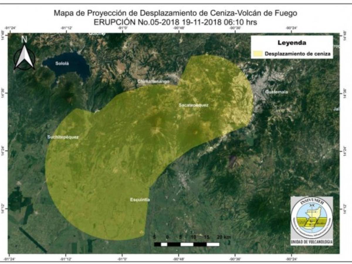Junto con el volcán de Fuego, también se mantienen activos en Guatemala los volcanes Pacaya, 20 km al sur de la capital, y el Santiaguito, 117 km al oeste, que han aumentado su actividad pero sin entrar en fase eruptiva. Esta es la previsión de zonas afectadas por la expulsión de ceniza. Junto con el volcán de Fuego, también se mantienen activos en Guatemala los volcanes Pacaya, 20 km al sur de la capital, y el Santiaguito, 117 km al oeste, que han aumentado su actividad pero sin entrar en fase eruptiva. Esta es la previsión de zonas afectadas por la expulsión de ceniza.