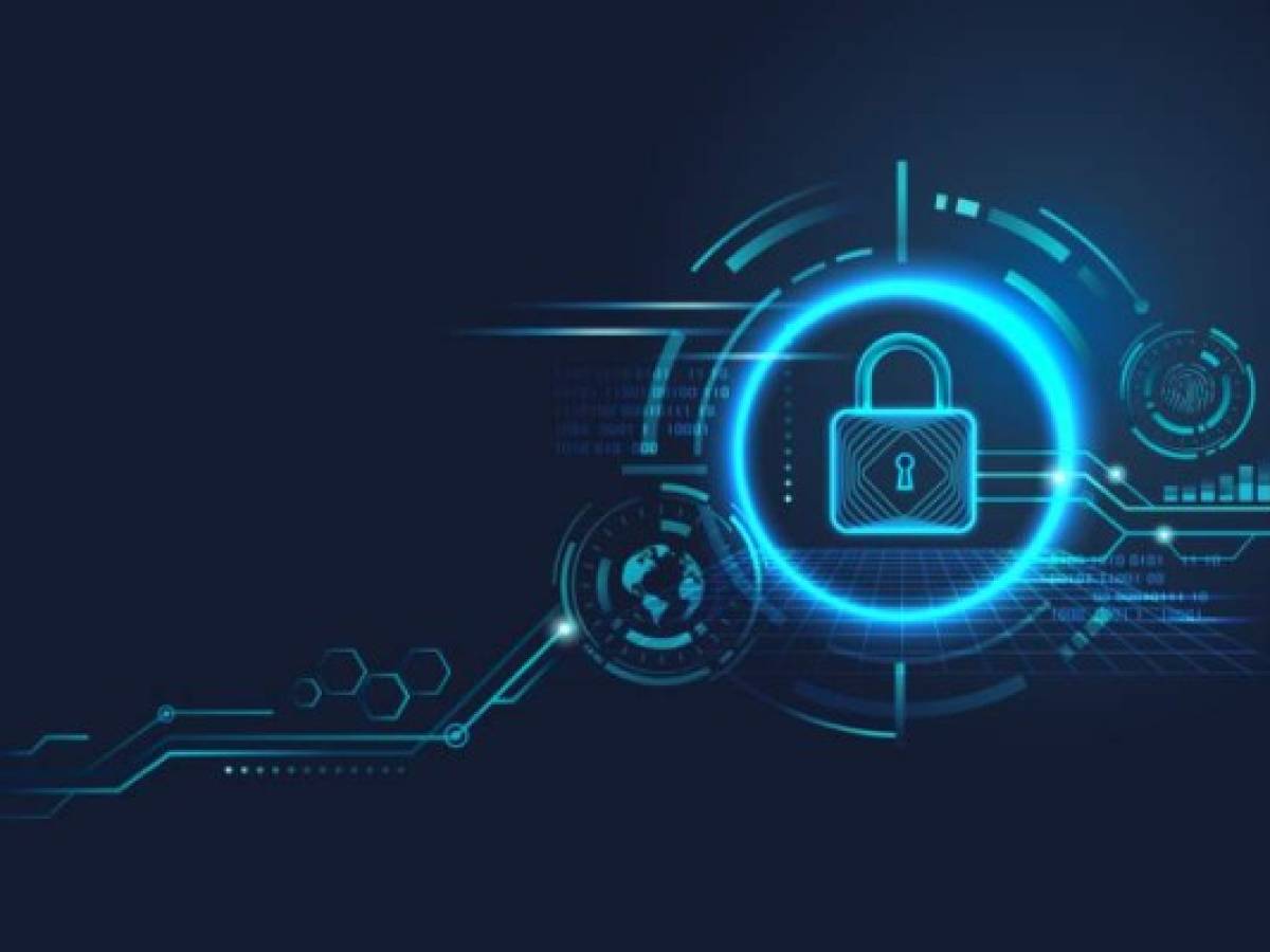 Data security concept design for personal privacy, data protection, and cyber security. Padlock with Keyhole icon on blue background.