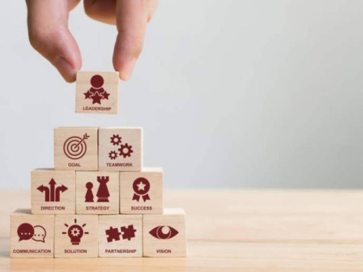 Hand arranging wood block stacking with icon leader business. Key success factors for leadership elements concept Hand arranging wood block stacking with icon leader business. Key success factors for leadership elements concept