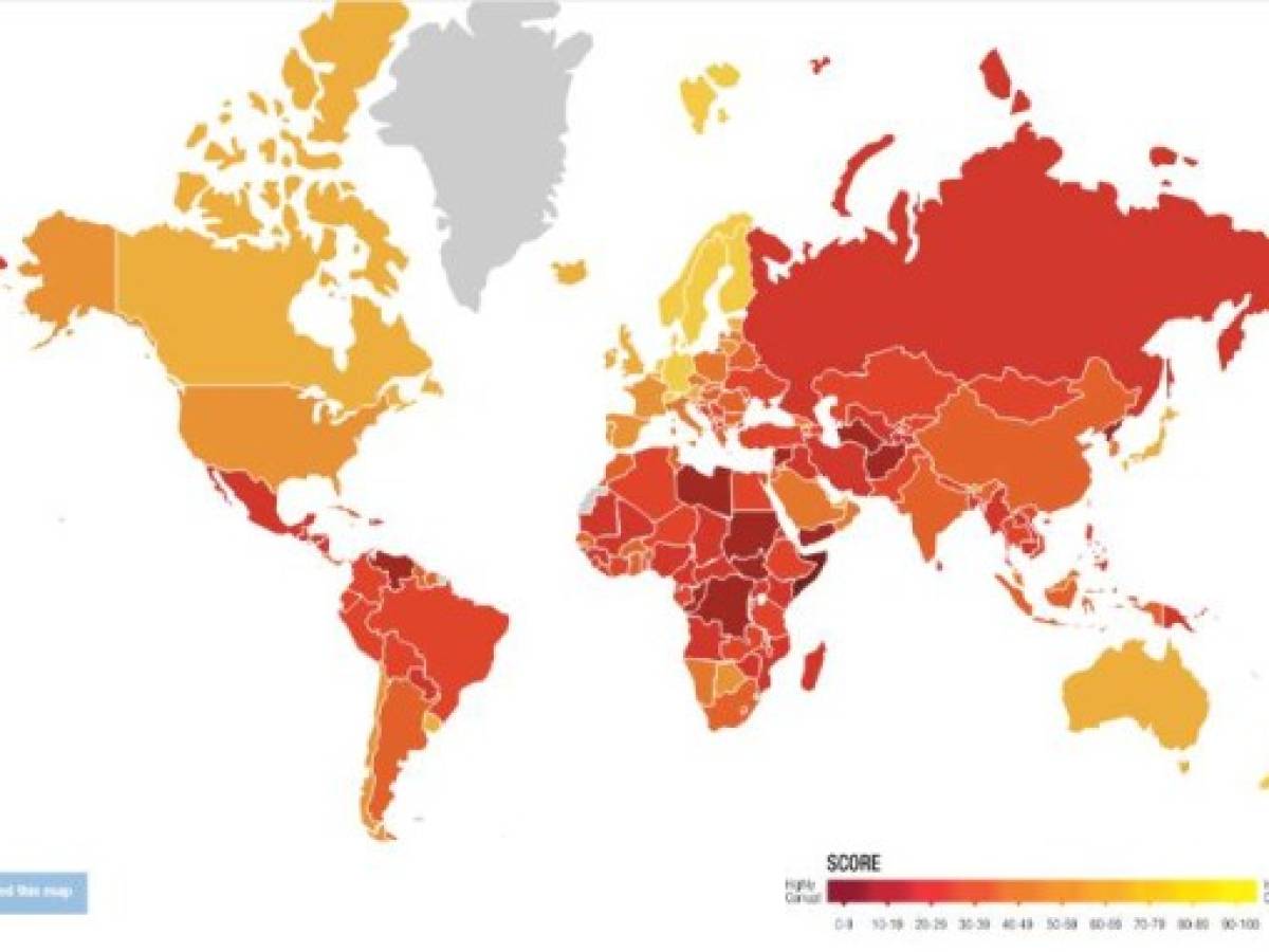 TRANSPARENCIA MAPA(800x600)Somalia es el último país de la lista con 9 puntos de 100, mientras que el mejor calificado fue Nueva Zelanda (87) sitial que ha liderado por cuatro años consecutivos, aunque hace cuatro años se ubicó con (91) puntos. El segundo es Dinamarca, con 87, seguido de Finlandia, 86; y Suiza, 85.