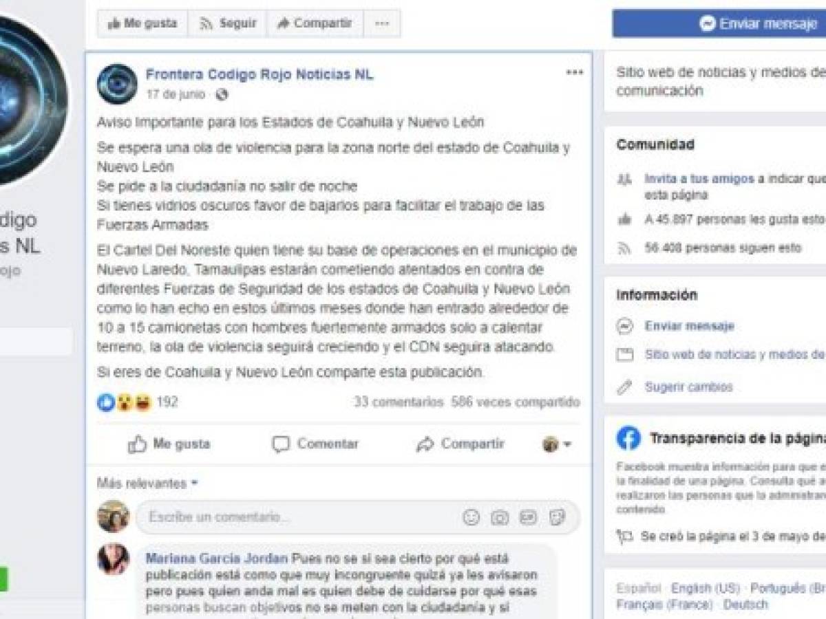 Sin embargo, la imagen que aparece dentro de la publicación viralizada había sido difundida originalmente (H) el 17 de junio pasado por el grupo Frontera Código Rojo Noticias NL, por lo que nada tiene que ver con los hechos recientes. Sin embargo, la imagen que aparece dentro de la publicación viralizada había sido difundida originalmente (H) el 17 de junio pasado por el grupo Frontera Código Rojo Noticias NL, por lo que nada tiene que ver con los hechos recientes.