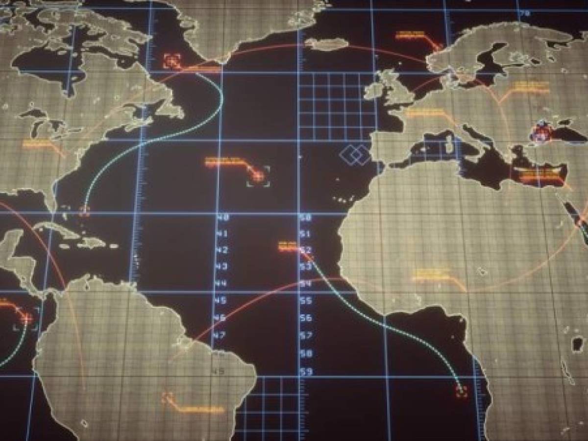 An abstract digital world map containing communication lines and digital infographics. Various objects on the map are being tracked and analyzed.