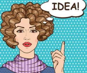 Idea concept, pop art girl with speech bubble and message IDEA! Vector vintage curly hair brunette woman comic style.