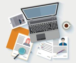 Top view of workplace with documents and laptop. Concepts for searching professional staff, analyzing resume, recruitment, human resources management, work of hr. Vector illustration.