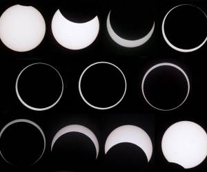 <i>PARQUE NACIONAL CAPITOL REEF, UTAH - 14 DE OCTUBRE: Una recopilación de fotografías muestra el progreso del eclipse solar anular el 14 de octubre de 2023 en el Parque Nacional Capitol Reef, Utah. Comenzando en la costa de Oregón y concluyendo en la costa este de América del Sur, un eclipse solar anular, donde la Luna está más alejada de la Tierra, proyectará un halo de luz solar alrededor del borde de la Luna. George Frey/Getty Images/AFP (Foto de GEORGE FREY / GETTY IMAGES NORTEAMÉRICA / Getty Images vía AFP)</i>
