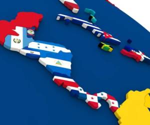 Map of Central America on globe with embedded flags of countries. 3D illustration..