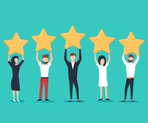 Five stars rating flat style vector concept. People are holding stars over the heads. Feedback consumer or customer review evaluation, satisfaction level and critic icon concept.