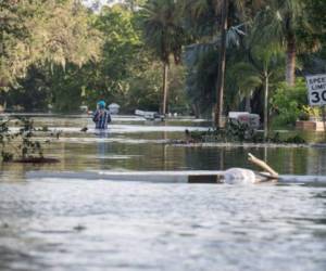 People wade through a flooded neighborhood in Bonita Springs, Florida, northeast of Naples, on September 11, 2017, after Hurricane Irma hit Florida. / AFP PHOTO / NICHOLAS KAMM