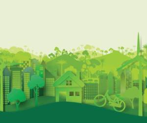 Green eco cityscape abstract paper cut background.Paper art style of nature and environment concept design.Vector illustration.