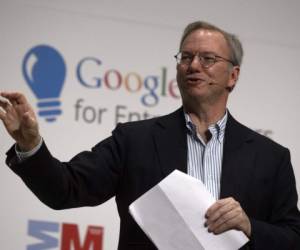 Google Executive Chairman Eric Schmidt speaks at the 'The South Summit'- Spain Start-Up convention at Las Ventas bullring on October 10, 2014 in Madrid. AFP PHOTO / DANI POZO (Photo by DANI POZO / AFP)