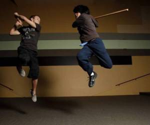 NCH NEWS Drama students learning to fight on stage at the old Hoyts Royal Cinema, Newcastle West. Picture shows drama students, Jake Nolan, 16, and Armie Mendoza, 17.17th August 2012 NewcastleNCH NEWS PIC JONATHAN CARROLL