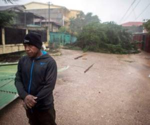 A local stands next to fallen trees as Hurricane Eta makes landfall in Bilwi, Puerto Cabezas, Nicaragua, on November 3, 2020. - A powerful Hurricane Eta lashed the north coast of Nicaragua on Tuesday with heavy rain and winds of more than 130 miles per hour that ripped up trees and roofs, authorities said. (Photo by INTI OCON / AFP)