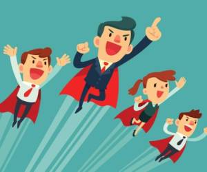Super business team-team of super businessmen in red capes flying upwards to their success