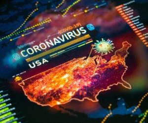 Coronavirus (COVID-19) Outbreak in USA Statistics close-up on digital display. Quarantine map.