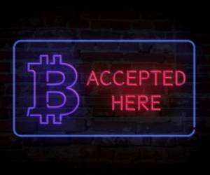 Bitcoin accepted here neon lights on brick wall abstract background 3D illustration. Blockchain currency symbol.