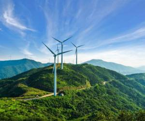 Wind turbines against blue sky.Green energy concept.Zhoushan,Zhejiang province,China.