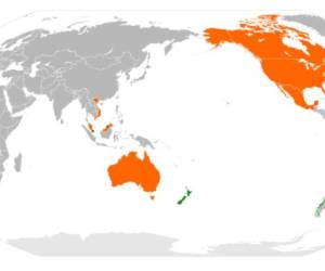Hoy componen el TTP Brunéi, Chile, Nueva Zelanda y Singapur (en verde), y negociando entrar están Australia, Canadá, Estados Unidos, Japón, Malasia, México, Perú y Vietnam (en naranja). (Imagen: Nanatsubo)