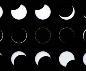 Esta combinación d fotos muestra un eclipse anular visto en Argetina el 26 de febrero de 2017. Uno similar será visto en Honduras y Cuba el 14 de octubre de 2023.