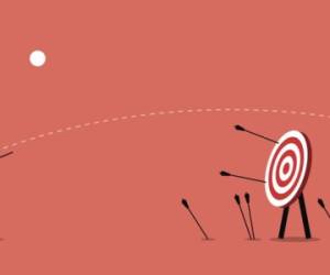 Man desperately trying to shoot arrows with bow to hit the bullseye but failed miserably. Vector artwork depicts failure, inaccurate, missing, and lousy.