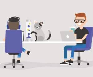 Modern office. A team of young employees working on their laptops / flat editable vector illustration, clip art