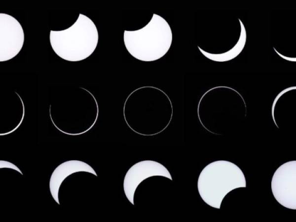 Esta combinación d fotos muestra un eclipse anular visto en Argetina el 26 de febrero de 2017. Uno similar será visto en Honduras y Cuba el 14 de octubre de 2023.