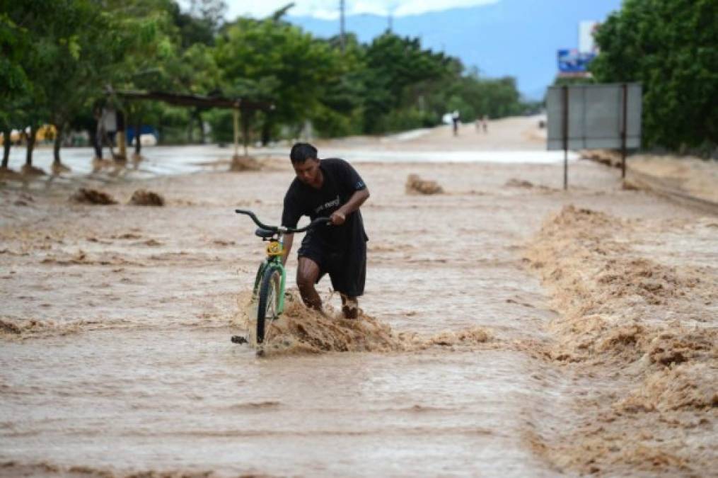 A man wades with his bike in a flooded street due to the heavy rains caused by Hurricane Eta, now degraded to a tropical storm, in El Progreso, department of Yoro, 260 kms north of Tegucigalpa, on November 5, 2020. (Photo by Orlando SIERRA / AFP)