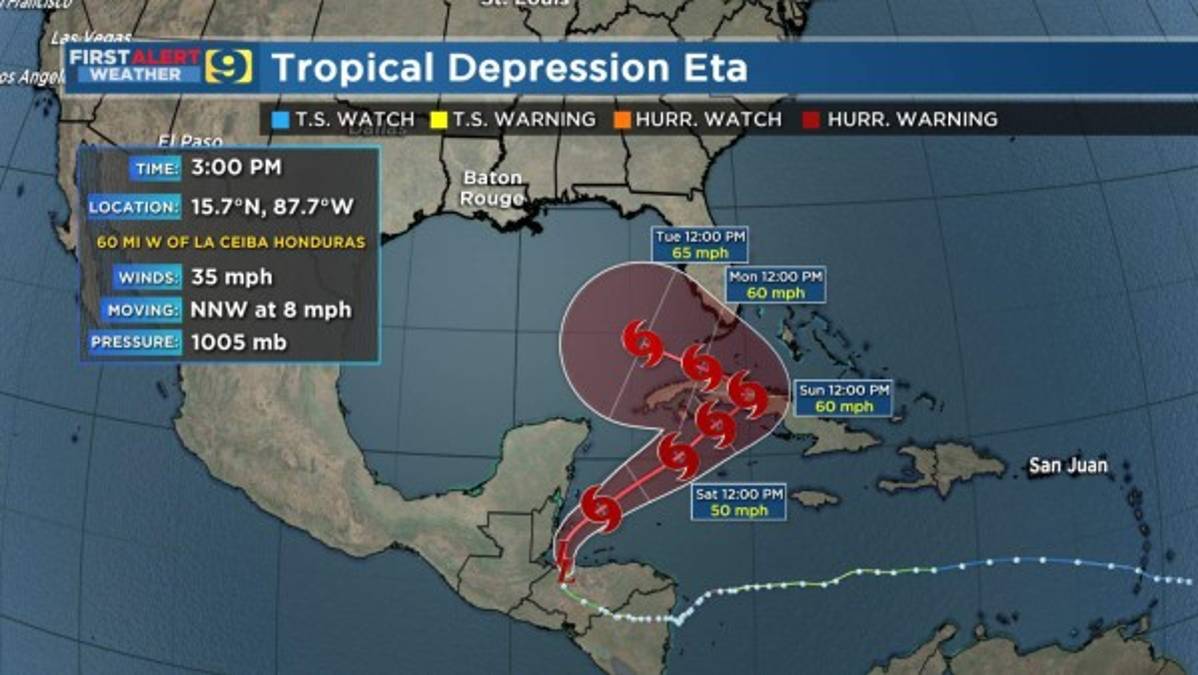 Eta tocó tierra este martes en el noroeste de Nicaragua como un potente huracán de categoría 4, con vientos sostenidos de hasta 240 km/h. Esta es la trayectoria que sigue.