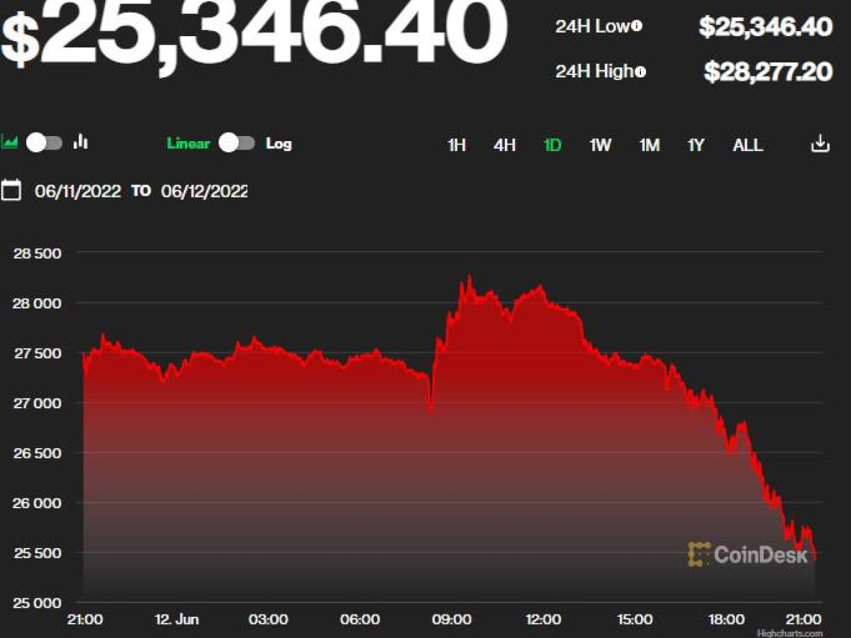 Precio del bitcoin se desploma y toca la banda de los US$25.400