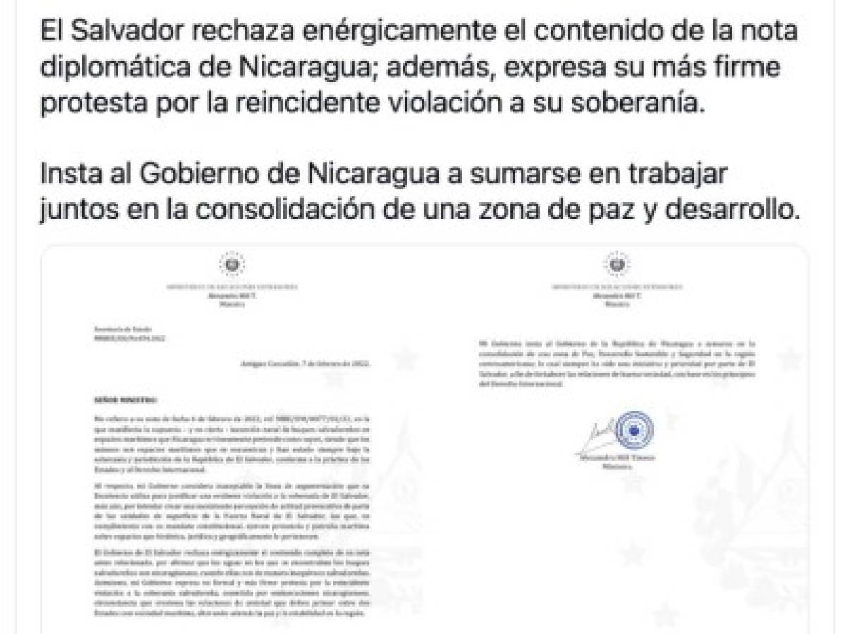 Estado salvadoreño declara 'inaceptables' acusaciones de Nicaragua sobre supuesta incursión marítima