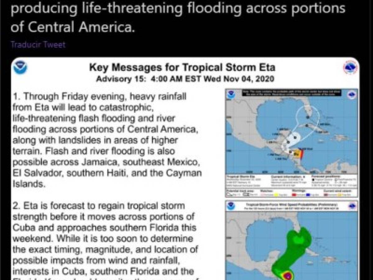 Eta avanza por Nicaragua , donde deja tres muertos