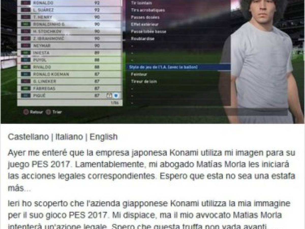 Maradona podría demandar a Konami por usar su imagen en PES2017