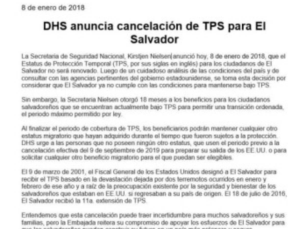 EEUU revoca TPS para unos 200.000 salvadoreños