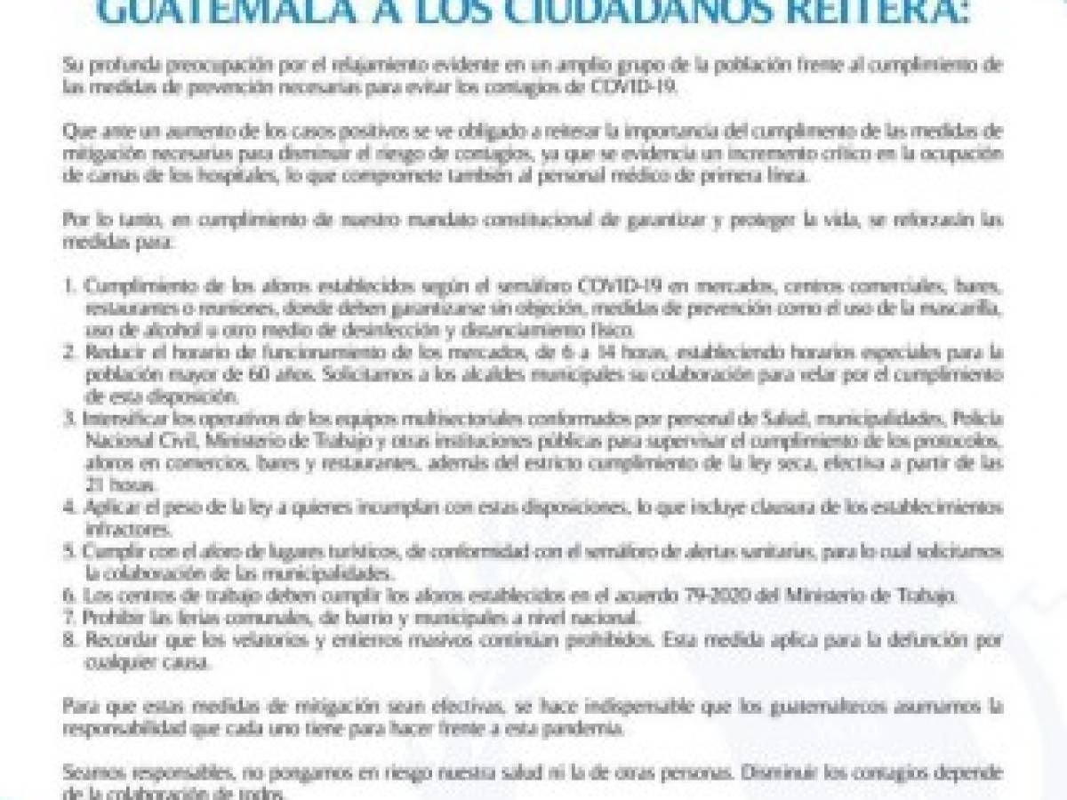 Guatemala con nuevas restricciones para controlar el coronavirus