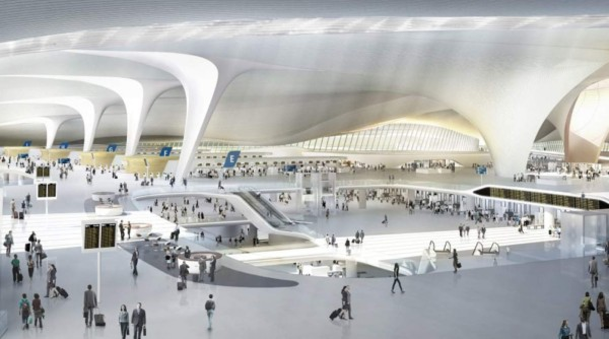 Imagen concepto del interior del edificio de la termina. Cuando el aeropuerto de Daxing empiece a estar operativo el 1 de octubre. Desde él volarán importantes aerolíneas como China Southern, China Eastern, Delta, Korean Air y Air France-KLM.