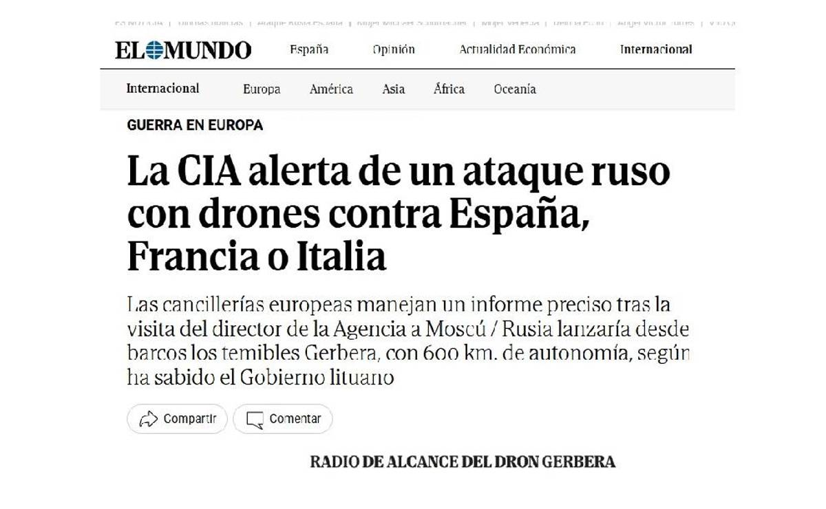 <i>Captura de pantalla del titular de EL MUNDO, que hoy sacudió a la opinión pública global. Tras darse la información, Macron niega que Francia recibiera la alerta de la CIA. La inteligencia danesa advierte un riesgo bajo pero creciente de ataques limitados en el flanco fronterizo de la OTAN.</i>