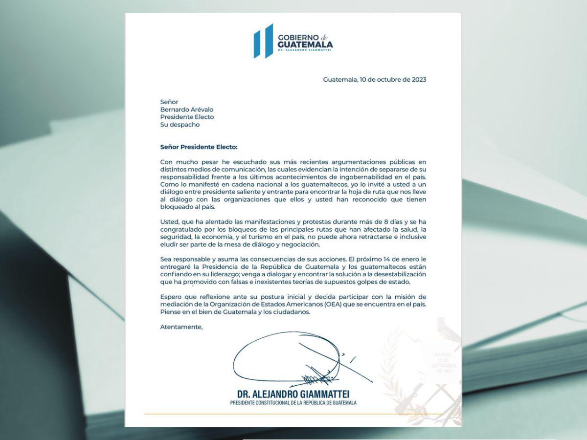 Guatemala: esta es la carta que Alejandro Giammattei envió a Bernardo Arévalo
