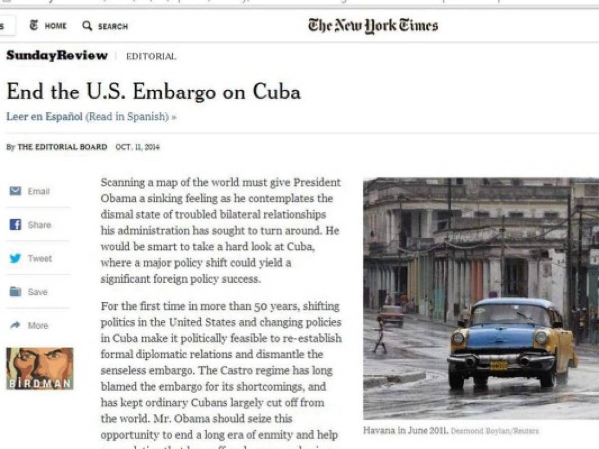 NY Times pide fin a embargo a Cuba