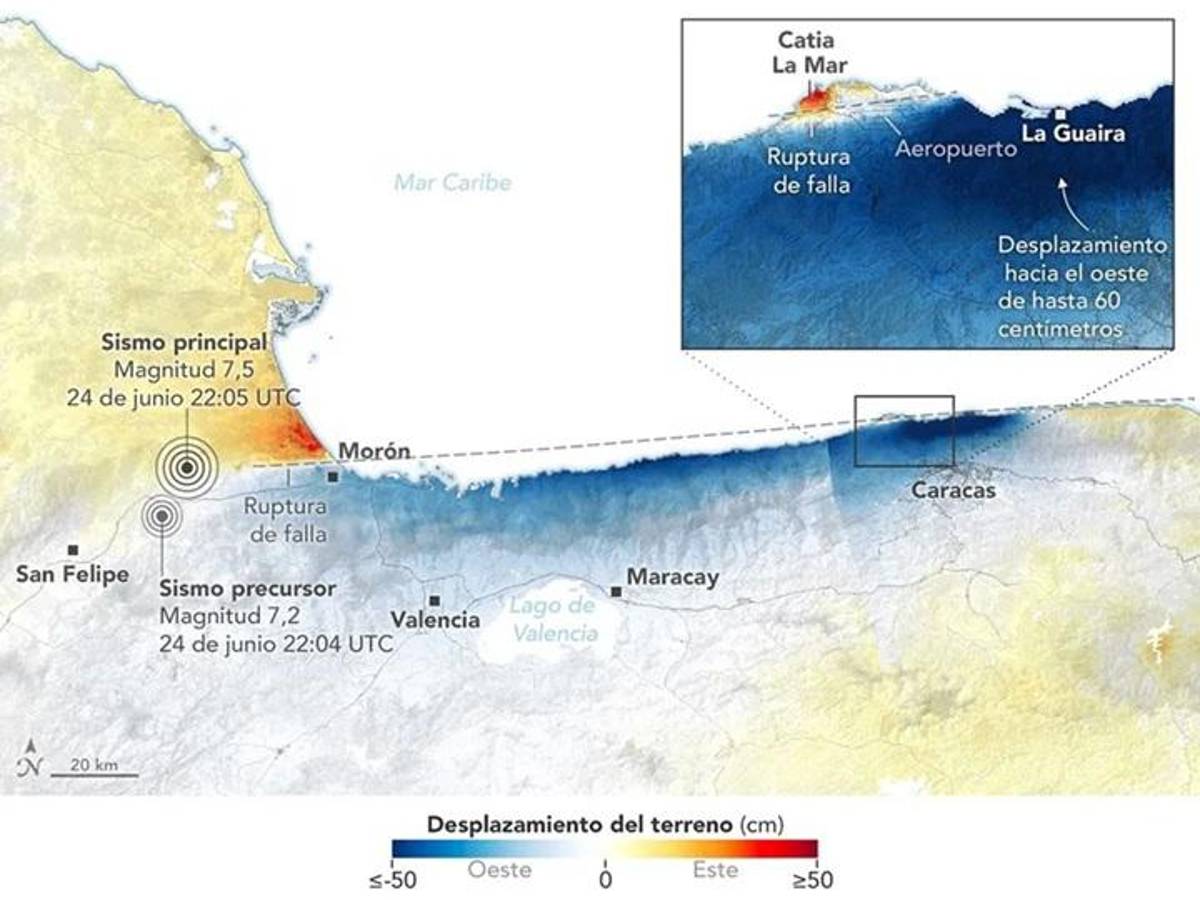 <i>Imagen cedida por el Observatorio de la Tierra de la NASA de un mapa con datos del Radar de Apertura Sintética de NASA-ISRO (NISAR) que muestra el desplazamiento de la superficie terrestre en Caracas y La Guaira tras los terremotos. EFE/ Observatorio de la Tierra de la NASA/ Lauren Dauphin</i>