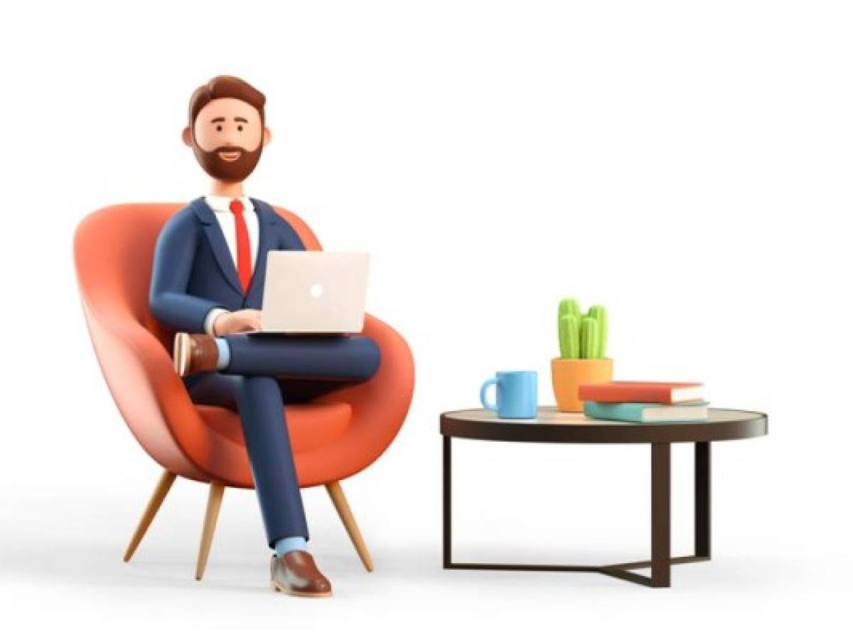 3D illustration of happy smiling businessman in suit with laptop sitting in armchair. Cartoon office workplace with modern coffee table, mug, books and plant.