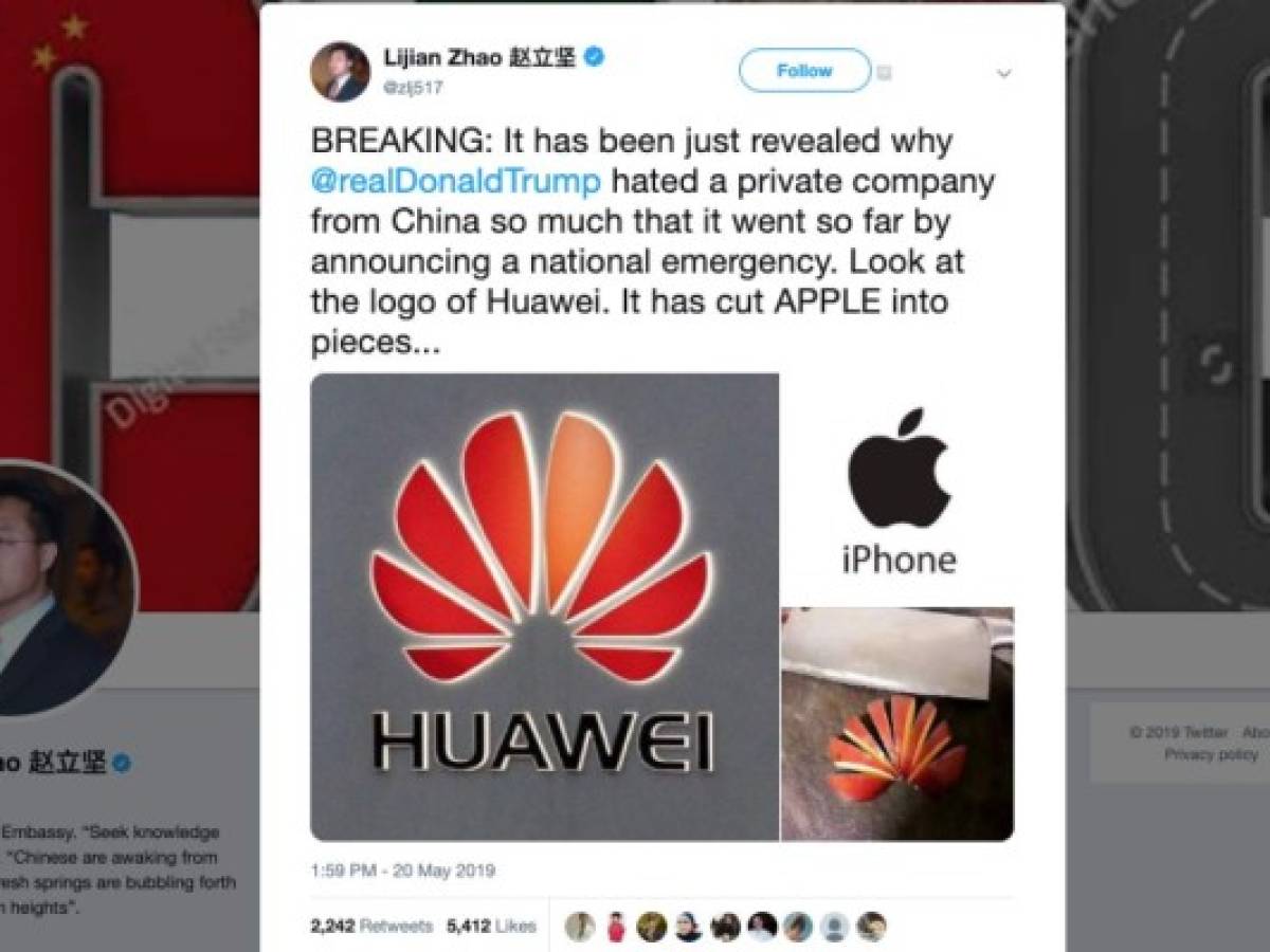 Logo de Huawei es Apple cortado en pedazos, por eso Trump odia a la compañía china: diplomático