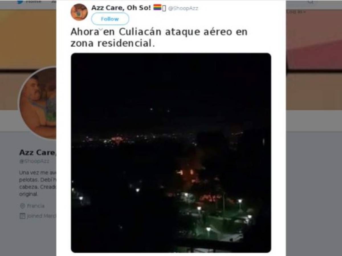 Otro tuit (I) que ha sido compartido más de 3.500 veces asegura que un video muestra un 'ataque aéreo en zona residencial' de Culiacán.