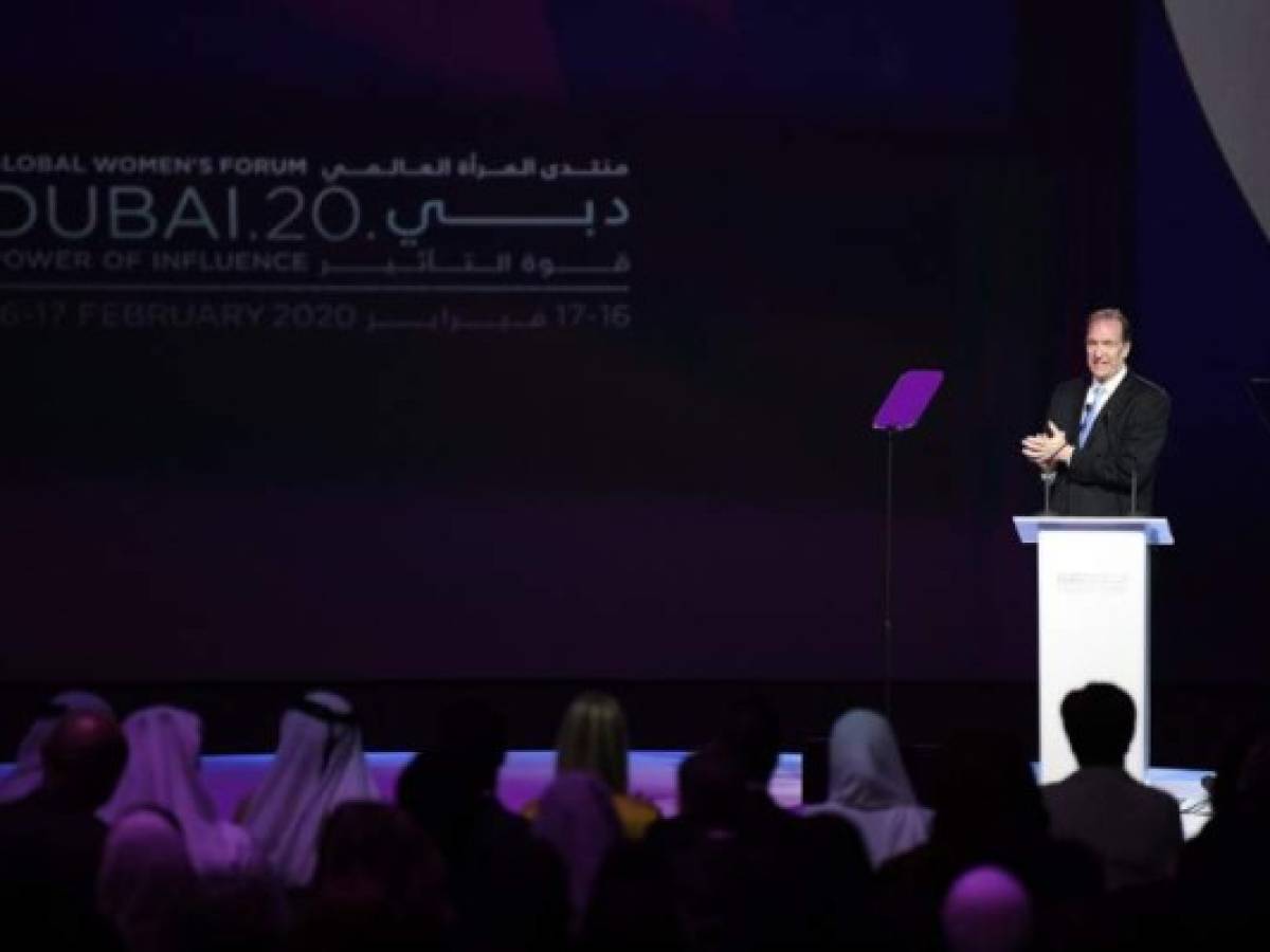 President of the World Bank David Malpass speaks during the Global Women's Forum in the Gulf emirate of Dubai on February 16, 2020. (Photo by KARIM SAHIB / AFP)